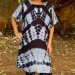 Ensemble  Calf-length V-neck short- sleeved dress  Long pants