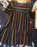Peasant dress, V-neck, wide elbow length sleeves, calf-length bottom flounce